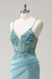 Sparkly Blue Mermaid Corset Formal Dress with Slit