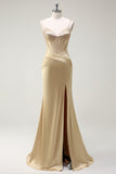 Sparkly Mermaid Spaghetti Straps Golden Corset Long Formal Dress with Slit