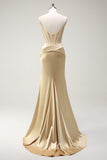 Sparkly Mermaid Spaghetti Straps Golden Corset Long Formal Dress with Slit