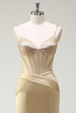 Sparkly Mermaid Spaghetti Straps Golden Corset Long Formal Dress with Slit