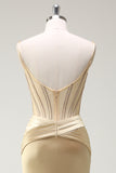 Sparkly Mermaid Spaghetti Straps Golden Corset Long Formal Dress with Slit