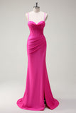 Fuchsia Spaghetti Straps Mermaid Long Formal Dress with Slit