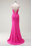 Fuchsia Spaghetti Straps Mermaid Long Formal Dress with Slit