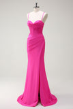 Fuchsia Spaghetti Straps Mermaid Long Formal Dress with Slit