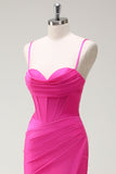 Fuchsia Spaghetti Straps Mermaid Long Formal Dress with Slit