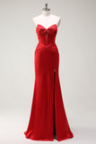 Mermaid Sweetheart Red Corset Long Formal Dress with Slit