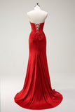 Mermaid Sweetheart Red Corset Long Formal Dress with Slit