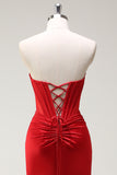 Mermaid Sweetheart Red Corset Long Formal Dress with Slit