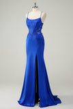 Royal Blue Mermaid Corset Spaghetti Straps Appliqued Long Formal Dress