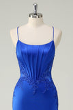 Royal Blue Mermaid Corset Spaghetti Straps Appliqued Long Formal Dress