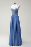 A Line Spaghetti Straps Pleated Long Formal Dress with Appliques