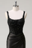 Black Sheath Spaghetti Straps Corset Beaded Long Prom Dress with Slit