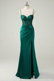 Dark Green Mermaid Spaghetti Straps Corset Long Formal Dress With Slit