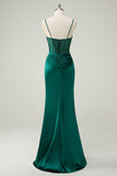 Dark Green Mermaid Spaghetti Straps Corset Long Formal Dress With Slit