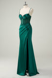 Dark Green Mermaid Spaghetti Straps Corset Long Formal Dress With Slit