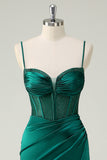 Dark Green Mermaid Spaghetti Straps Corset Long Formal Dress With Slit