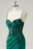 Dark Green Mermaid Spaghetti Straps Corset Long Formal Dress With Slit