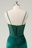 Dark Green Mermaid Spaghetti Straps Corset Long Formal Dress With Slit