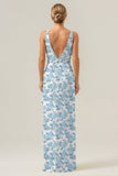 Blue Flower Sheath Deep V Neck Backless Long Bridesmaid Dress with Ruffle Slit