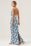 Blue White Flower Halter Sheath Print Long Bridesmaid Dress with Slit