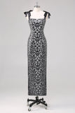 Sparkly Grey Leopard Sheath Tie Straps Formal Dress