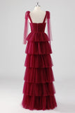 Burgundy A Line Tied Shoulder Straps Tiered Tulle Formal Dress