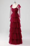 Burgundy A Line Tied Shoulder Straps Tiered Tulle Formal Dress