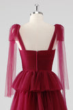 Burgundy A Line Tied Shoulder Straps Tiered Tulle Formal Dress