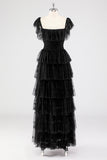 A Line Black Square Neck Tiered Formal Dress