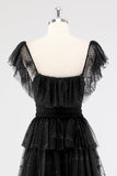 A Line Black Square Neck Tiered Formal Dress