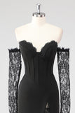 Black Sheath Corset Cold Shoulder Lace Formal Dress With Long Sleeves