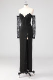 Black Sheath Corset Cold Shoulder Lace Formal Dress With Long Sleeves