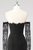 Black Sheath Corset Cold Shoulder Lace Formal Dress With Long Sleeves