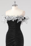 Black Mermaid Strapless Pleated Formal Dress With 3D Flowers