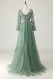 Sage V-Neck Appliqued A-Line Long Prom Dress with Long Sleeves