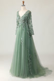Sage V-Neck Appliqued A-Line Long Prom Dress with Long Sleeves