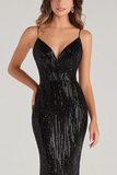 Black Mermaid Spaghetti Straps Sequins Formal Dress