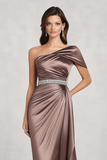 Taupe Satin One Shoulder Mother of Bride Dress