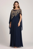 Sparkly Navy Chiffon Mother of Bride Dress with Cape