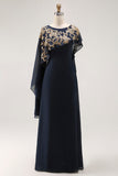 Navy Appliqued Sheath Mother Of The Bride Dress With Shawl