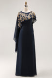 Sparkly Navy Chiffon Mother of Bride Dress with Cape