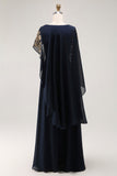 Navy Appliqued Sheath Mother Of The Bride Dress With Shawl