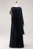 Sparkly Navy Chiffon Mother of Bride Dress with Cape