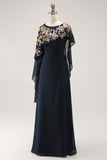 Sparkly Navy Chiffon Mother of Bride Dress with Cape