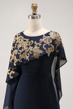 Navy Appliqued Sheath Mother Of The Bride Dress With Shawl