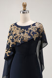 Sparkly Navy Chiffon Mother of Bride Dress with Cape
