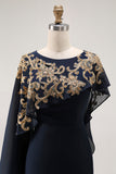 Sparkly Navy Chiffon Mother of Bride Dress with Cape