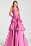 Fuchsia A-Line V Neck Ruffles Long Prom Dress