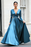 Dark Blue A-Line V Neck Long Sleeves Long Prom Dress