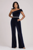 Sparkly Navy One Shoulder Bodycon Velvet Beaded Prom Jumpsuit